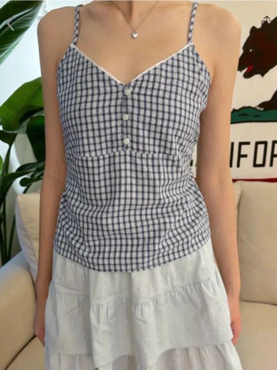 Navy Plaid Tank Shorts 2 Piece - Elastic Lace Trim ulasan dan harga