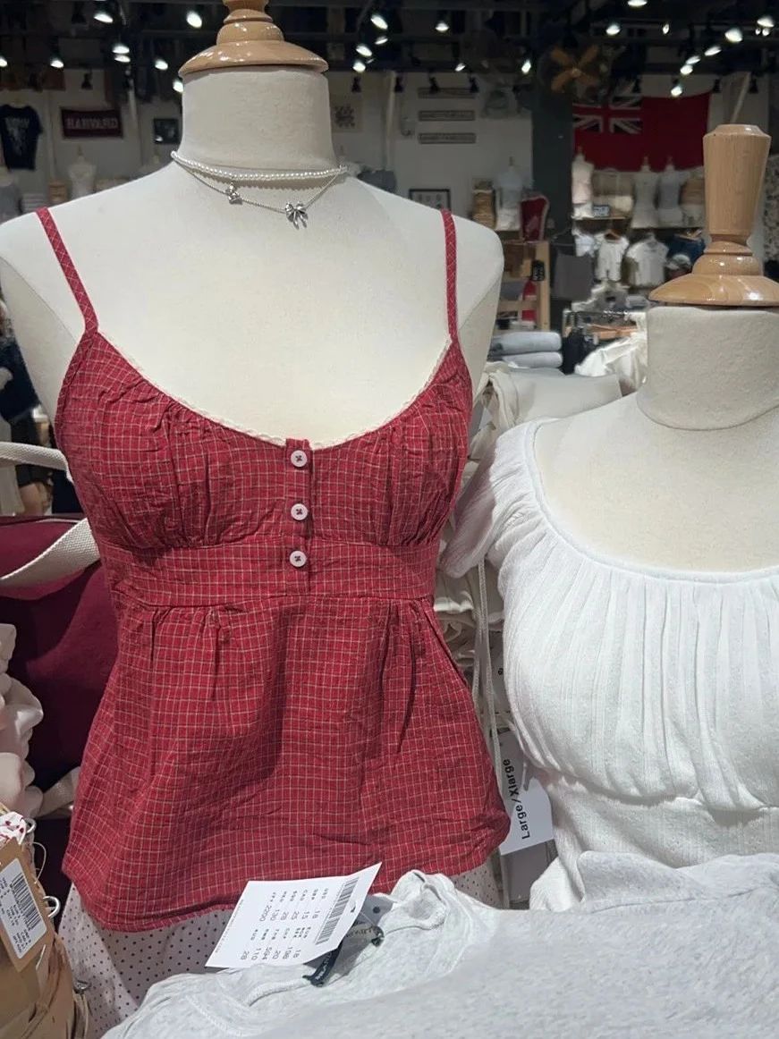 Red Plaid Buttons Tank Shorts  - Elastic Lace Trim ulasan dan harga